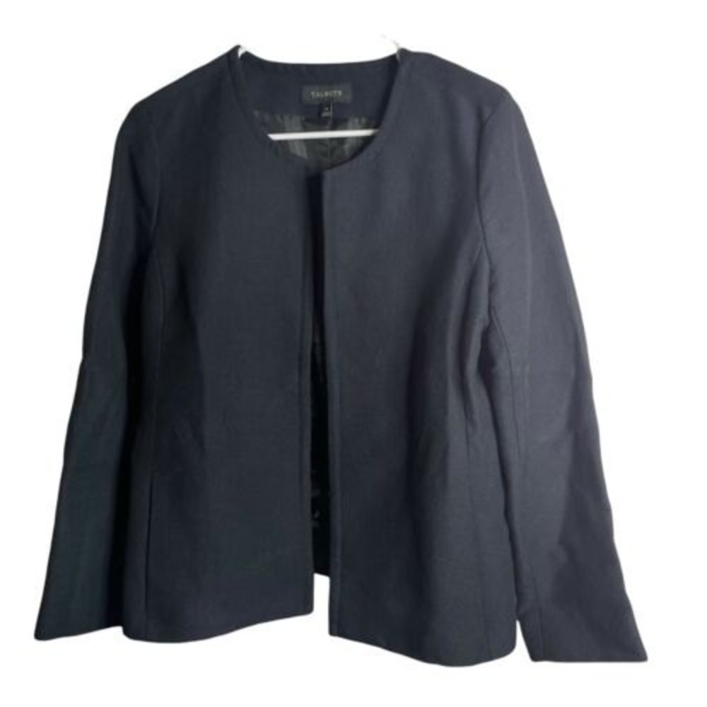 Talbots Blazer Womens 14 Black Open Front Waffle knit Round Neck Jacket